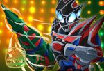  1boy armor asymmetrical_armor bug clenched_hand demons_driver drill_hand green_background highres kamen_rider kamen_rider_demons kamen_rider_revice looking_at_viewer miyabi_(037) mogura_genome mole_(animal) orange_background silk spider spider_web spider_web_print two-tone_background 