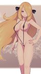  1girl areolae black_swimsuit blonde_hair blush closed_mouth covered_nipples cynthia_(pokemon) floating_hair grey_eyes hair_ornament hair_over_one_eye hand_on_hip highres lamb-oic029 long_hair looking_at_viewer navel pokemon pokemon_(game) pokemon_dppt slingshot_swimsuit solo stomach swimsuit very_long_hair 