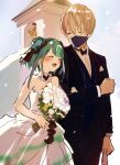  1boy 1girl bouquet closed_eyes couple double_bun dress duplicate formal green_hair hetero highres hololive kakeami long_sleeves mafumafu mask medium_hair mouth_mask niconico open_mouth pixel-perfect_duplicate sketch suit uruha_rushia utaite_(singer) virtual_youtuber wedding wedding_dress white_hair 