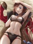  1girl arm_up armpits bangs beach bikini black_bikini blue_eyes braid braided_ponytail breasts brown_hair coat commentary from_above granblue_fantasy hair_ornament hand_on_own_chest leona_(granblue_fantasy) long_hair looking_at_viewer lying medium_breasts mismatched_bikini multi-strapped_bikini navel on_back one_eye_closed open_mouth red_coat rei_(happily-blue-butterfly) short_hair single_braid smile solo swimsuit very_long_hair white_bikini 