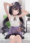  1girl animal_ear_fluff animal_ears armpits arms_behind_head arms_up bangs bare_arms black_choker black_hair blush cat_ears choker collared_shirt drill_hair ears_visible_through_hair extra_ears feet_out_of_frame green_eyes highres indoors karyl_(princess_connect!) knees_together_feet_apart long_hair looking_at_viewer open_mouth plant potted_plant princess_connect! purple_skirt shirt sitting skirt sleeveless sleeveless_shirt solo subachi sweat twin_drills twintails v-shaped_eyebrows very_long_hair white_shirt 