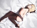  1girl alternate_costume arm_behind_back backless_outfit bad_id bad_pixiv_id bare_arms bare_shoulders barefoot bed_sheet black_bow black_panties black_sweater blonde_hair blush bow breasts brown_legwear covering drawstring embarrassed fate/grand_order fate_(series) from_above hair_bow hand_on_own_chest highres koha-ace legs long_legs looking_at_viewer looking_up lying medium_breasts meme_attire naked_sweater okita_souji_(fate) okita_souji_(koha-ace) on_side open_mouth panties panties_around_one_leg profile qiongsheng ribbed_sweater rotated shiny shiny_hair short_hair sideboob sideways_mouth sleeveless sleeveless_turtleneck solo stomach sweater thighhighs toeless_legwear turtleneck turtleneck_sweater underboob underwear virgin_killer_sweater yellow_eyes 