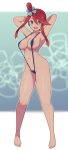  1girl :d areolae arms_behind_head arms_up bangs blue_eyes blue_swimsuit breasts covered_nipples female_pubic_hair full_body hair_between_eyes hair_bun hair_ornament highres lamb-oic029 large_breasts navel pokemon pokemon_(game) pokemon_bw pubic_hair pubic_hair_peek red_hair sidelocks skyla_(pokemon) slingshot_swimsuit smile solo stomach strap_gap swimsuit teeth upper_teeth 
