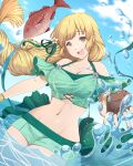  1girl :d bare_shoulders bikini bikini_shorts braid braided_ponytail breasts cleavage collarbone commission eyebrows_visible_through_hair fire_emblem fire_emblem:_three_houses fire_emblem_heroes fish green_bikini green_eyes green_swimsuit highres ingrid_brandl_galatea long_hair looking_at_viewer medium_breasts midriff navel official_alternate_costume open_mouth partially_submerged ponytail roisin short_shorts shorts single_braid smile solo swimsuit very_long_hair water 
