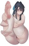  &gt;:( 1girl ass bangs bare_shoulders barefoot black_bra black_panties blue_ribbon blush bra closed_mouth clothing_request collarbone crossed_bangs dirty dirty_feet feet feet_up foot_focus foreshortening frown hair_between_eyes hair_ribbon hand_on_own_arm highres knees_up legs_up long_hair looking_at_viewer milksasa no_shoes original panties partially_visible_vulva pink_eyes ponytail ribbon sidelocks simple_background single_thighhigh sitting soles solo sports_bra sweat thighhighs toes torn_clothes torn_legwear underbutt underwear v-shaped_eyebrows wavy_mouth white_background white_legwear 