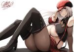  1girl absurdres alisa_ilinichina_amiella bare_shoulders black_footwear black_legwear blue_eyes boots breasts closed_mouth cobra_no_oyatsu commentary commentary_request god_eater god_eater_burst grey_hair hair_between_eyes hat high_heels highres knees_up large_breasts long_hair looking_at_viewer nipple_slip nipples pantyhose red_headwear red_skirt signature sitting skirt thigh_boots thighhighs white_background 