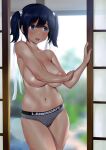  1girl areolae bangs black_hair blue_eyes blush breasts commentary eyebrows_visible_through_hair hair_ribbon highres kantai_collection large_breasts navel open_mouth panties ribbon short_twintails shouji sliding_doors solo souryuu_(kancolle) sweat twintails underwear wa_(genryusui) 