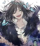  1boy :d alternate_hair_color arthropod_boy bangs black_fur black_hair blue_butterfly blue_eyes bug butterfly cape collared_shirt commentary_request crown diamond_hairband evil_smile fangs fate/grand_order fate_(series) fur_collar fur_trim highres insect_wings long_sleeves looking_at_viewer male_focus medium_hair oberon_(fate) oberon_(third_ascension)_(fate) official_alternate_costume open_mouth shirt signature simple_background smile solo syerii twitter_username upper_body white_background white_shirt wings 