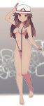  1girl areolae arm_up blue_swimsuit blush breasts brown_eyes brown_hair closed_mouth covered_nipples full_body hair_flaps hat highres lamb-oic029 leaf_(pokemon) long_hair navel pokemon pokemon_(game) pokemon_frlg slingshot_swimsuit small_breasts smile solo stomach strap_gap swimsuit white_headwear 