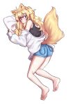  1girl :t animal_ear_fluff animal_ears bangs bare_legs barefoot black_tank_top blonde_hair blue_shorts blush character_request closed_mouth commentary_request commission copyright_request denim denim_shorts fox_ears fox_tail full_body grey_jacket jacket long_hair long_sleeves looking_at_viewer pillow pocket purple_eyes shorts soles solo taeminhyeon tail tank_top toes yellow_tail 