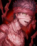  1boy angra_mainyu_(fate) bandages black_hair commentary_request dark-skinned_male dark_skin fate/grand_order fate/hollow_ataraxia fate_(series) full-body_tattoo headband highres light_particles looking_at_viewer male_focus open_mouth rain_(roromi) signature smile solo tattoo topless_male upper_body yellow_eyes 