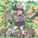  1girl animal animal_ears arm_up bangs black_hair bodystocking bow bowtie brown_eyes cardigan climbing common_raccoon_(kemono_friends) creature_and_personification eyebrows_visible_through_hair fang flower full_body fur_collar grass grey_hair hanging kemono_friends legs_apart looking_afar looking_at_another medium_hair miniskirt multicolored_hair open_mouth outstretched_arms plant pleated_skirt pointing puffy_short_sleeves puffy_sleeves raccoon raccoon_ears raccoon_girl raccoon_tail shoes short_sleeves skirt smile standing tail umikaze_shuu upside-down v-shaped_eyebrows white_hair zipper 