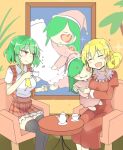  2girls :d ascot bangs black_legwear blonde_hair chair closed_eyes closed_mouth collared_shirt cup curly_hair doll doll_hug dress elly_(touhou) eyebrows_visible_through_hair green_hair holding holding_cup juliet_sleeves kazami_yuuka kazami_yuuka_(pc-98) long_sleeves matsu_kitsune multiple_girls object_hug open_mouth pajamas plaid plaid_skirt plaid_vest pointing puffy_sleeves red_dress red_eyes red_skirt red_vest shirt short_hair short_sleeves sitting skirt smile sweatdrop teacup teapot thighhighs touhou touhou_(pc-98) vest white_shirt yellow_ascot 