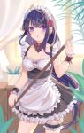  1girl absurdres alternate_costume apron bangs breasts enmaided frilled_apron frills genshin_impact hair_ornament highres leg_garter lixiang_guo_alice long_hair looking_at_viewer maid maid_apron maid_headdress medium_breasts neck_ribbon purple_eyes purple_hair raiden_shogun red_ribbon ribbon solo standing 