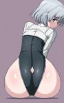  1girl ass black_leotard blue_eyes blush from_behind grey_hair highleg highleg_leotard highres leotard looking_at_viewer looking_back muchabou sanya_v._litvyak shiny shiny_clothes shiny_hair shiny_skin short_hair simple_background sitting solo strike_witches world_witches_series 