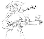 1girl ^_^ ak-47 assault_rifle bangs breasts closed_eyes cosmikaizer fate/grand_order fate_(series) greyscale gun holding holding_gun holding_weapon kalashnikov_rifle large_breasts monochrome parted_lips rifle sketch skindentation smile solo symbol-only_commentary translation_request trung_trac_(fate) vietnamese_dress vietnamese_text weapon white_background 