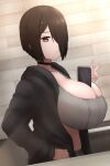  1girl between_breasts black_hair breasts cellphone choker cleavage expressionless hair_over_one_eye hand_on_hip highres huge_breasts jacket nao_(ritsancrossover) original pai-chan_(nao) phone selfie short_hair smartphone solo sports_bra standing v 