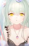  1girl :o artist_name bangs bare_arms bare_shoulders black_shirt collarbone commentary_request dated diamond-shaped_pupils diamond_(shape) eyelashes face flower furrowed_brow green_background green_hair hair_between_eyes hair_flower hair_ornament highres jewelry long_hair looking_at_viewer necklace ookamisama original parted_lips shirt sidelocks solo symbol-shaped_pupils thick_eyebrows yellow_eyes 