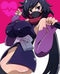  1girl ass ayame_(gundam_build_divers) bangs black_hair black_legwear black_mask black_panties breasts cinnamon6 commentary covered_nipples covering_mouth elbow_gloves eyebrows_visible_through_hair fingerless_gloves gloves gundam gundam_build_divers heart highres japanese_clothes kimono kunai large_breasts long_hair mask mouth_mask ninja ninja_mask panties panty_peek pink_background pouch purple_eyes purple_gloves red_scarf scarf short_kimono solo split_ponytail thighhighs two-tone_background underwear very_long_hair weapon white_background 