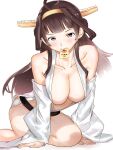  1girl ahoge all_fours bangs bare_legs blush breasts brown_hair cleavage collarbone detached_sleeves double_bun headgear highres igarasy kantai_collection kongou_(kancolle) large_breasts long_hair looking_at_viewer mouth_hold no_bra open_clothes purple_eyes sachet sexually_suggestive solo white_background 