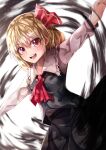  1girl absurdres ascot black_skirt black_vest blonde_hair breasts collared_shirt commentary_request cowboy_shot darkness eyebrows_visible_through_hair frilled_shirt_collar frills hair_between_eyes highres long_sleeves looking_at_viewer maboroshi_mochi medium_hair open_mouth red_ascot red_eyes rumia shiny shiny_hair shirt skirt skirt_set small_breasts solo t-pose teeth touhou upper_teeth vest white_shirt 