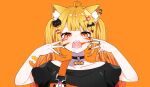  1girl absurdres ahoge animal_(vocaloid) animal_ear_fluff animal_ears bandaid bandaid_on_arm bangs bare_shoulders bat_hair_ornament black_choker black_nails black_shirt blonde_hair blush bow cat_ears cat_hair_ornament choker collarbone commentary_request drooling facial_mark fangs hair_bow hair_cones hair_ornament hairclip heart heart_choker highres hololive long_hair looking_at_viewer nail_polish off_shoulder official_art open_mouth orange_background orange_nails saliva shiroko shirt simple_background solo twintails virtual_youtuber yellow_eyes yozora_mel 