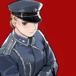  1girl aina-san blonde_hair blue_eyes blue_headwear brown_eyes commentary_request earrings from_behind fullmetal_alchemist hair_bun hat jewelry looking_at_viewer military military_uniform peaked_cap red_background riza_hawkeye simple_background solo uniform upper_body 