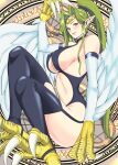  1girl animal_feet animal_hands bare_shoulders black_legwear blush breasts circlet claws commentary_request duel_monster feathered_wings feathers garter_straps greek_text green_hair harpie_queen harpy highres kairaku_namakikurage large_breasts long_hair monster_girl pointy_ears ponytail red_hair revealing_clothes sideboob smile solo talons thighhighs underboob very_long_hair white_feathers white_wings winged_arms wings yu-gi-oh! 