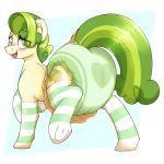  &lt;3 1:1 absurd_res blush bottomwear bulge clothed clothing crossdressing cutie_mark czu diaper earth_pony edit equid equine feral footwear friendship_is_magic green_eyes green_hair hair hi_res horse legwear looking_back male mammal miniskirt multicolored_hair my_little_pony pistachio_(mlp) pony quadruped skirt socks solo thigh_highs thigh_socks two_tone_hair 