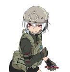  1girl :d armedshipyard blood blood_on_clothes blood_on_face escape_from_tarkov gloves green_gloves green_shirt green_shorts grin helmet holding holding_marker long_sleeves looking_at_viewer marker military military_helmet open_mouth original red_eyes shirt shorts simple_background smile solo teeth white_hair white_shirt 