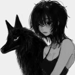  1girl animal bare_shoulders breasts cleavage collarbone grey_background greyscale hair_between_eyes highres medium_hair messy_hair monochrome narue original parted_lips simple_background upper_body wolf 