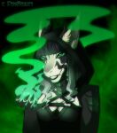  abstract_background anthro black_body black_ears black_fur black_hair black_horn black_lips black_stripes breasts bust_portrait clothed clothing demireality fangs female front_view fur glistening glistening_eyes gradient_fur gradient_hair green_eyes green_sclera grey_body grey_ears grey_fur grey_hair hair horn kitsunebi_(artist) lips looking_at_viewer magic portrait shoulder_tuft smoke solo striped_ears stripes tuft white_body white_fur 