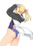  1girl ahoge arms_up artoria_pendragon_(fate) ass bangs blonde_hair blue_swimsuit blush breasts fate/stay_night fate_(series) green_eyes highleg highleg_swimsuit highres hood hooded_jacket jacket long_hair long_sleeves looking_at_viewer looking_back namonashi one-piece_swimsuit open_clothes open_jacket saber sidelocks small_breasts solo swimsuit white_background 