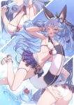  1girl ;d animal_ear_fluff animal_ears arm_up armpits artist_name ass bangs bare_shoulders belt bikini bikini_skirt black_skirt blue_flower blue_hair blue_nails blue_sky blush bracelet breasts cleavage collarbone creature dated day dutch_angle eating erune ferry_(granblue_fantasy) flower food granblue_fantasy hair_flower hair_ornament hand_in_own_hair highres holding holding_food jewelry leaning_forward leg_up lifebuoy long_hair looking_at_viewer medium_breasts multiple_views nail_polish one_eye_closed open_mouth outdoors popsicle sandals skindentation skirt sky smile swimsuit thigh_strap upper_body very_long_hair white_bikini yellow_eyes yellowpaint. 