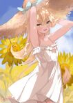  1girl :d absurdres animal_ears armpits arms_up blonde_hair blue_bow blue_sky blush bow collarbone cowboy_shot day dress flat_chest flower frilled_dress frills hands_in_hair hat hat_bow highres indie_virtual_youtuber lion_ears lion_girl lion_tail long_hair looking_at_viewer open_mouth outdoors reitou_mkn rurudo_lion signature sky sleeveless sleeveless_dress smile solo straw_hat sundress sunflower tail virtual_youtuber yellow_eyes yellow_flower yellow_headwear 