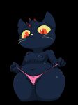  2021 3:4 anthro big_eyes biped black_background black_body breasts butt clothed clothing clothing_pull dark_body dark_nipples domestic_cat erect_nipples felid feline felis female front_view hair hi_res highlights_(coloring) looking_at_viewer mae_borowski mammal night_in_the_woods nipples panties panty_pull pillothestar pink_clothing pink_panties pink_underwear portrait red_eyes red_hair short_stack simple_background slightly_chubby solo standing thick_thighs three-quarter_portrait topless underwear underwear_only underwear_pull video_games whiskers wide_hips yellow_nose yellow_sclera 