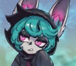  1girl bangs black_cloak cloak ears_through_headwear gradient gradient_background green_background green_hair hand_up hood hood_up league_of_legends long_sleeves multicolored_background parted_lips phantom_ix_row pink_background pink_eyes pointy_ears short_hair sideways_glance slit_pupils solo teeth upper_body vex_(league_of_legends) yordle 