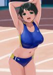  1girl armpits arms_behind_head black_hair blue_buruma blush breasts buruma collarbone covered_nipples green_eyes highres kantai_collection kusaka_souji large_breasts looking_at_viewer mogami_(kancolle) navel open_mouth outdoors short_hair solo sportswear sweat toned track_uniform 