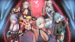  5girls absurdres aegir_(azur_lane) alternate_costume anchorage_(azur_lane) asymmetrical_horns august_von_parseval_(azur_lane) azur_lane bare_shoulders black_gloves black_horns black_jacket black_nails blue_hair bodysuit breasts center_opening chromatic_aberration cleavage clothing_cutout curled_horns demon_horns dress drum drum_set electric_guitar english_commentary fingerless_gloves fishnet_bodysuit fishnets from_above gloves grey_hair guitar hair_over_one_eye hakuryuu_(azur_lane) highres holding holding_instrument holding_microphone horns instrument jacket large_breasts long_hair looking_at_viewer mechanical_horns medium_breasts microphone multicolored_hair multiple_girls nail_polish piano red_eyes red_hair red_horns saure_teigtasche see-through shoulder_cutout streaked_hair tongue tongue_out twintails two-tone_hair white_dress white_eyes white_hair white_horns yellow_eyes 