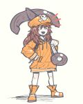  1girl absurdres anchor ankle_boots bangs boots brown_eyes brown_hair commentary_request flat_cap guilty_gear guilty_gear_strive han_gong hand_on_hip hat highres hood hoodie korean_commentary long_hair may_(guilty_gear) no_pants on_shoulder open_mouth orange_footwear orange_hoodie oversized_clothes simple_background sketch skull_print solo standing teeth upper_teeth weapon white_background 