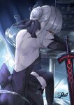  1girl absurdres artoria_pendragon_(fate) backless_dress backless_outfit black_dress black_gloves black_legwear black_ribbon braid braided_bun cup dress elbow_gloves excalibur_morgan_(fate) fate/grand_order fate/stay_night fate_(series) from_behind gloves hair_bun hair_ribbon head_rest highres looking_at_viewer looking_back on_chair rei000531 ribbon round_table saber_alter signature solo teardrop thighhighs yellow_eyes 