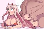  1boy 1girl ahegao bikini breasts darling_in_the_franxx hetero highres lying prone_bone sex sex_from_behind starcatt swimsuit zero_two_(darling_in_the_franxx) 