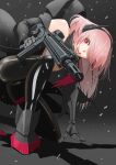  1girl amehashi_(vdde3724) assault_rifle black_jacket black_legwear girls&#039;_frontline gun hair_over_one_eye highres jacket long_hair looking_at_viewer m4_sopmod_ii_(girls&#039;_frontline) mechanical_arms one_knee open_mouth pantyhose pink_eyes pink_hair rifle smile solo tongue tongue_out weapon 