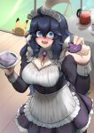  1girl @_@ absurdres ahoge alternate_breast_size alternate_costume bangs blue_eyes breasts character_cookie cleavage commentary commentary_request crumbs cup dress enmaided gengar hair_between_eyes hex_maniac_(pokemon) highres holding holding_plate john_(a2556349) kettle large_breasts long_hair looking_at_viewer maid maid_day messy_hair open_mouth pikachu plate pokemon pokemon_(game) pokemon_xy solo tea very_long_hair 