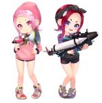  2girls bike_shorts black_jacket black_shorts forehead full_body hand_on_hip hat headband jacket multiple_girls octoling pink_eyes pink_footwear pink_hair pink_headwear pink_shirt purple_eyes purple_footwear red_hair sen1986 shirt shoes short_hair short_shorts shorts simple_background smile splatoon_(series) suction_cups tentacle_hair thigh_gap thighs weapon weapon_request white_background 