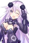  1girl absurdres adult_neptune bangs bimmy breasts cleavage cosplay d-pad d-pad_hair_ornament eyebrows_visible_through_hair hair_between_eyes hair_ornament highres long_hair medium_breasts neptune_(series) one_eye_closed open_mouth purple_eyes purple_hair purple_heart purple_heart_(cosplay) simple_background smile solo v 