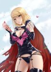  1girl artist_name black_cape black_panties blonde_hair blush breasts cape cleavage food garter_belt garter_straps green_eyes heart highres ice_cream ice_cream_cone koi_wa_sekai_seifuku_no_ato_de large_breasts legs magahara_desumi panties patreon_logo red_cape ryuuneart solo thighs tongue tongue_out torn_cape torn_clothes underwear 
