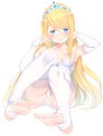  1girl bangs bare_shoulders blonde_hair blue_eyes blush breasts bridal_gauntlets collarbone commentary_request copyright_request diadem elbow_gloves eyebrows_visible_through_hair feet full_body gloves highres long_hair looking_at_viewer otokuyou panties sitting small_breasts smile soles solo stirrup_legwear thighhighs toeless_legwear toes underwear very_long_hair white_garter_straps white_gloves white_legwear white_panties 