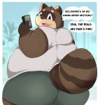  2022 anthro belly big_belly big_butt bottomwear brown_body butt canid canine cellphone clothing english_text hi_res kemono kusosensei male mammal obese obese_male overweight overweight_male phone raccoon_dog shirt shorts shoutaro smartphone solo tanuki text topwear 