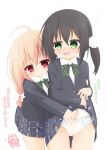  2girls ahoge ass_visible_through_thighs bangs black_hair black_jacket blazer blonde_dog_girl_(ri-net) blonde_hair blush bow bow_panties character_watermark closed_mouth clothes_lift collared_shirt commentary_request dress_shirt eyebrows_visible_through_hair flying_sweatdrops green_bow green_eyes grey_skirt hair_between_eyes highres jacket lifted_by_self long_hair long_sleeves multiple_girls nose_blush open_mouth original panties plaid plaid_bow plaid_skirt red_eyes ri-net shirt simple_background skirt skirt_lift sleeves_past_wrists translated underwear white_background white_panties white_shirt yuri 